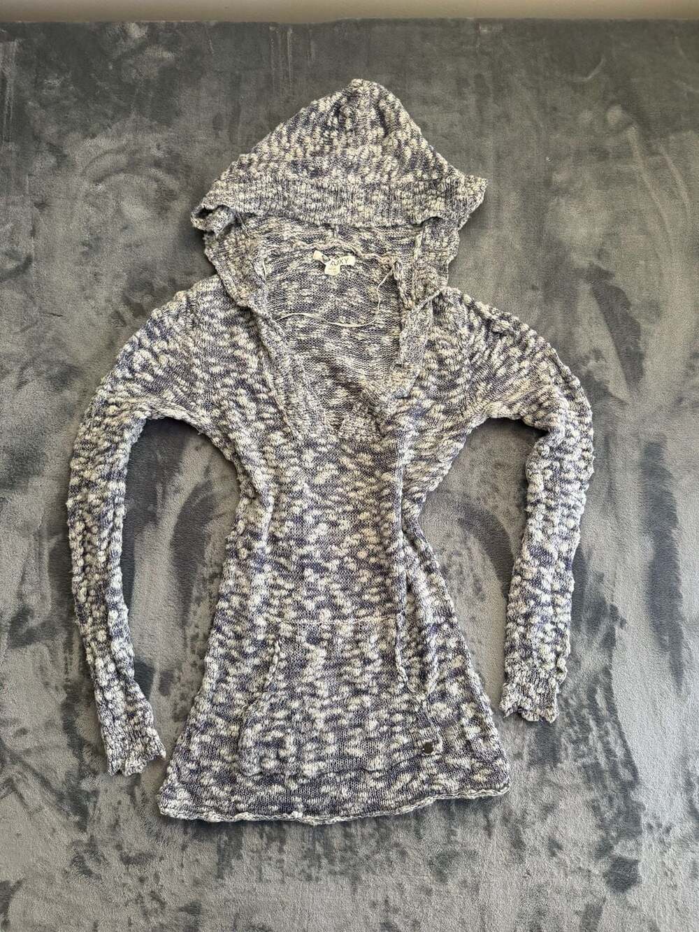 Roxy Blue White Slub Knit Long Sleeve Pullover Hoodie Sweater Size Small